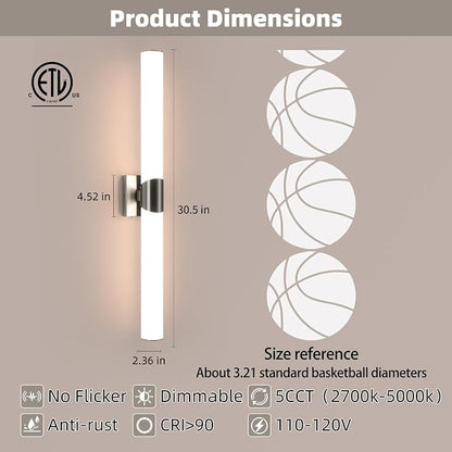 30" Brushed Nickel Bathroom Vanity Lights, Wall Lighting Fixtures | Modern Wall Light for Bathroom Bedroom Living Room Hallway