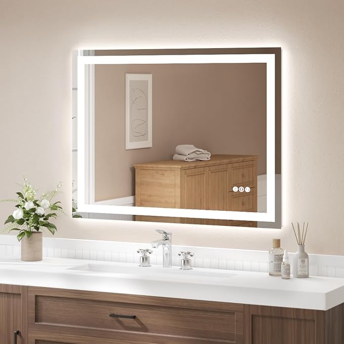 48x36 Inch LED Bathroom Mirror for Over Sink | Tempered Glass - Frameless Backlit Lighted Mirror for Bathroom Vanity with Anti-Fog, 3 Colors Dimmable, Memory Function