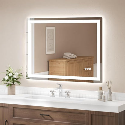 48x36 Inch LED Bathroom Mirror for Over Sink | Tempered Glass - Frameless Backlit Lighted Mirror for Bathroom Vanity with Anti-Fog, 3 Colors Dimmable, Memory Function
