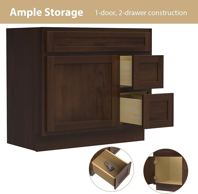 HomeBeyond 36 Inch Bathroom Vanity Base Only, Single Vanity Cabinet with 2 Side Dove-Tailed Drawers, Composable Floor Mount Cabinets Without Top, Rustic Brown