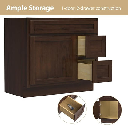 HomeBeyond 36 Inch Bathroom Vanity Base Only, Single Vanity Cabinet with 2 Side Dove-Tailed Drawers, Composable Floor Mount Cabinets Without Top, Rustic Brown