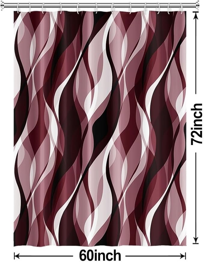 Burgundy Shower Curtain, Modern Abstract Ombre Burgundy Striped Shower Curtain Set for Bathroom Waterproof Shower Curtain with Hooks, 60x72 Inch
