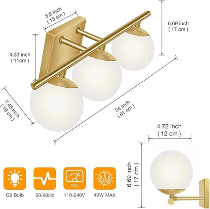 Brushed Brass Bathroom Vanity Light fixtures,24‘’ 3 Lights Modern Globe Glass Shade Wall Sconce for Over Mirror, Damp Rated