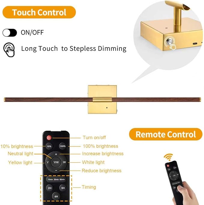 30″ Walnut Battery Operated Wall Sconces with Remote Control, Rechargeable Wall Sconces Set of 2, LED Sconces Wall Lighting, Wireless Wall Lights for Bedroom, Living Room, Background Wall
