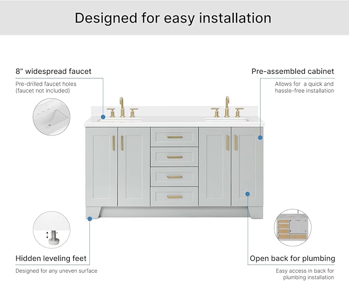 ARIEL Taylor 66-inch Bathroom Vanity with Sink,Solid Wood, 1.5-inch Pure White Quartz Countertop & Backsplash, Double Oval Porcelain Sink, 4 Soft Closing Doors, 5 Dovetail Drawers, Satin Brass, Grey