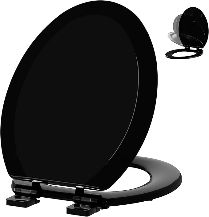 Angol Shiold Quiet-Close Molded Wood Toilet Seat with Non-Slip Adjustable Hinges, Anti-Pinch Bumpers, Easy Install & Clean（Black, Elongated 18.5''）