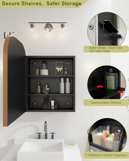 20"x30" Vintage Arched Bathroom Medicine Cabinet with Mirror, Hand-Painted Flower on Aluminum Frame Art Decor Medicine Cabinets Recessed / Wall Mounted, 2 Stable & Removable Shelves and 1 Organizer