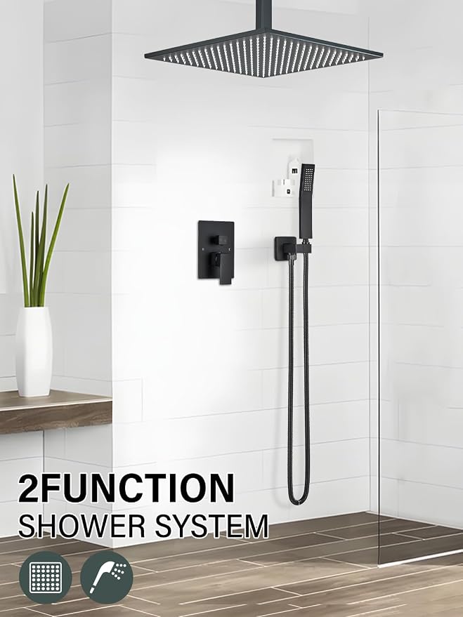 Matte Black Shower Faucets Sets Complete with 16" High Pressure LED Rainfall Shower Head and Handheld Spray Ceiling Mount Shower System Rough-in Valve Body and Trim Included
