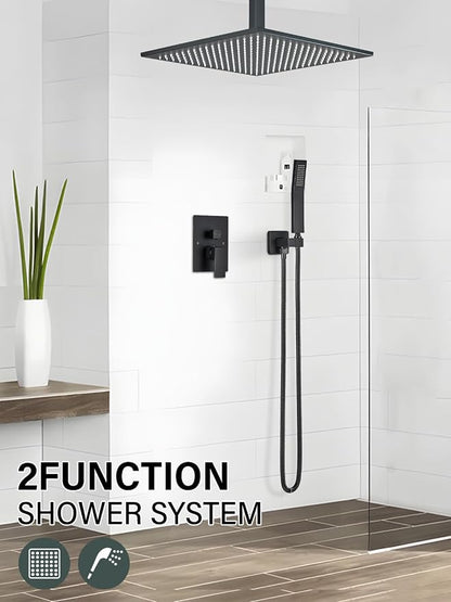 Matte Black Shower Faucets Sets Complete with 16" High Pressure LED Rainfall Shower Head and Handheld Spray Ceiling Mount Shower System Rough-in Valve Body and Trim Included