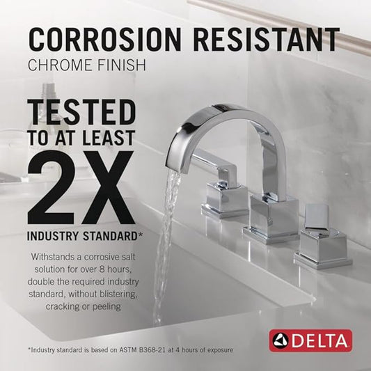Delta Vero Chrome Bathroom Faucet 3 Hole, 8 Inch Widespread Bathroom Sink Faucet for Vanity, Metal Push-Pop Drain Assembly, Chrome 3553LF