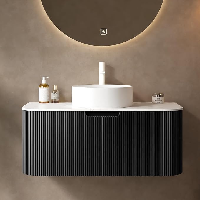 Yayzy 36" Floating Bathroom Vanity with Sink, Solid Wood Fluted Cabinet, White Round Ceramic Basin & Faux Marble Top, Soft-Close Drawer, Pre-Assembled, Gloss Black