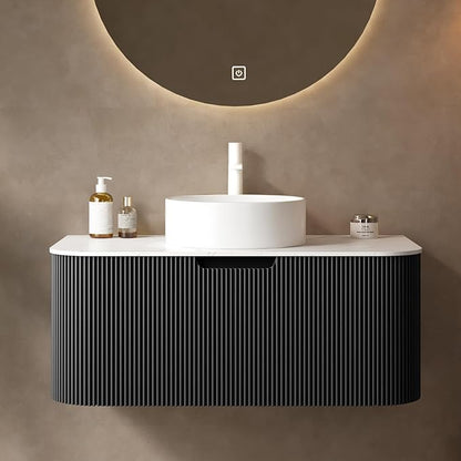 Yayzy 36" Floating Bathroom Vanity with Sink, Solid Wood Fluted Cabinet, White Round Ceramic Basin & Faux Marble Top, Soft-Close Drawer, Pre-Assembled, Gloss Black