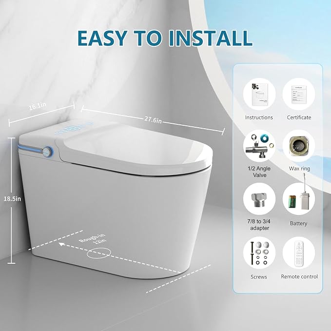 TDH Smart Toilet,One Piece Bidet Toilet for Bathroom,Toilet with LED Display,Foot Sensor & Auto Flush,Warm Water & Dry Function, Bidet Toilet Seat Night Light