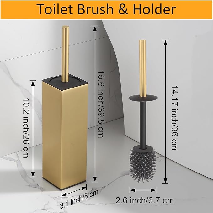 BGL Standing Toilet Brush and Holder Brushed Gold Aluminium Toilet Bowl Cleaner Brush and Holder for Bathroom Storage and Organization, Square Design Sturdy and Space Saving