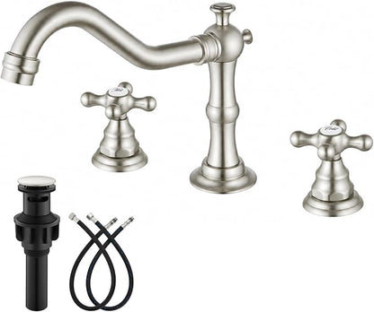 gotonovo Bathroom Faucet 3 Hole Vintage, Brushed Nickel, Script Font Label | Widespread Bathroom Sink Faucet 8 Inch 2 Cross Handles,Pop Up Drain,cUPC Supply Line,4-15.7” Install,for Vanity Farmhouse RV