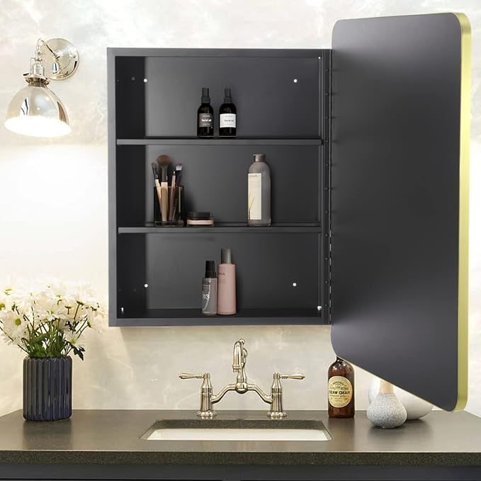 Movo Mirror Medicine Cabinet 20 Inch x 28 Inch Gold Metal Framed Bathroom Medicine Cabinet with Mirror Rectangle Recess or Surface Mount Installation