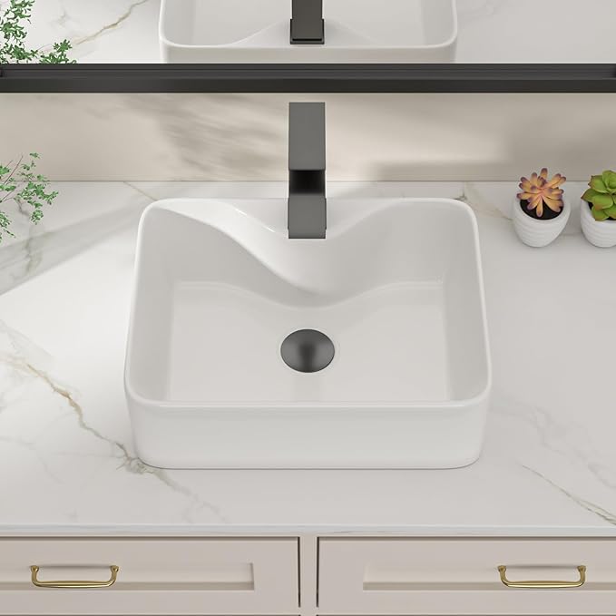 Dcolora 16 in. White Vessel Sink, Rectangular Porcelain Ceramic Above Counter Sink, Small Bathroom Sink with Black Accessories,12"D x 16"W x 5"H #DC-SFDOE00085