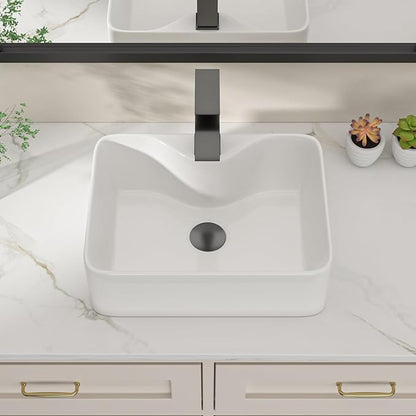 Dcolora 16 in. White Vessel Sink, Rectangular Porcelain Ceramic Above Counter Sink, Small Bathroom Sink with Black Accessories,12"D x 16"W x 5"H #DC-SFDOE00085