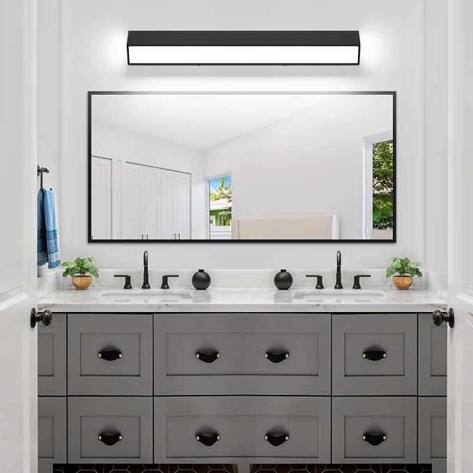 32-Inch LED Modern Bathroom Vanity Light Fixtures, Matte Black Modern Acrylic Bathroom Wall Lighting Fixtures Over Mirror (Cool White 6000K)