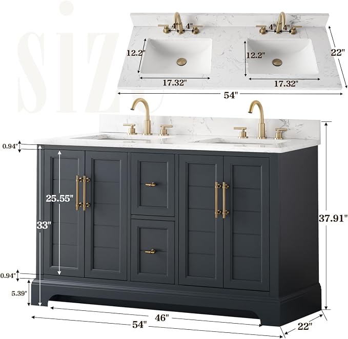 Vanity Art 54 Inch Bathroom Vanity with Double Sink, Vintage Green | Solid Wood, Ceramic Sink, Marble Top, Waterproof Backsplash, Pre-assembled, Soft-close Doors, Ample Storage, Freestanding