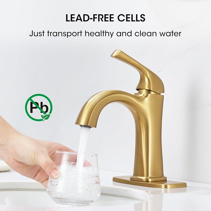 Brushed Gold Bathroom Faucet Single Hole Bathroom Faucet | Sink Faucet for Bathroom Vanity One Hole, with Pop Up Drain & Deckplate Farmhouse
