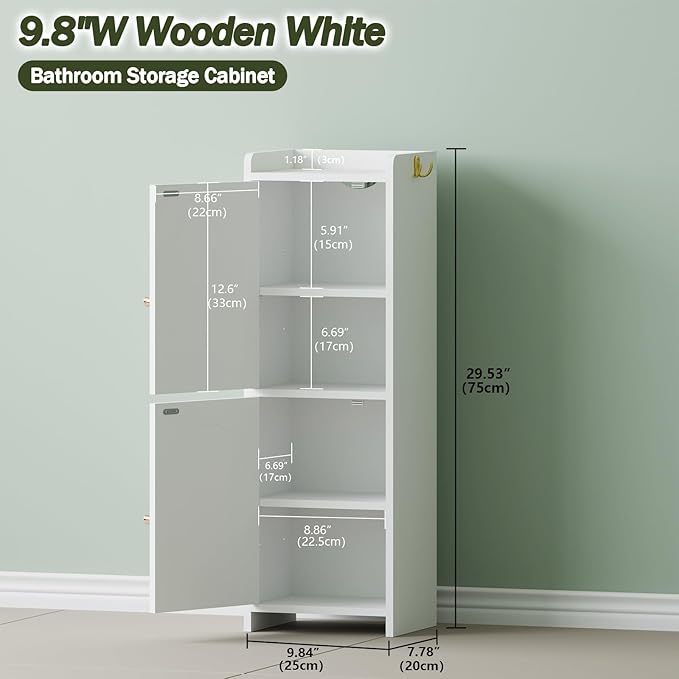 Small Bathroom Storage Cabinet,Corner Floor Cabinet with 2 Doors and Adjustable Shelf, Narrow Toilet Paper Cabinets with 2Hooks,Toilet Organizer for Small Spaces，7.87"D*9.84"W*29.72"H(White)