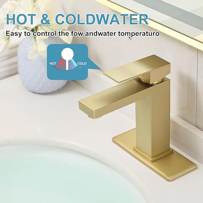 Brushed Gold Single Handle Bathroom Sink Faucet PONAFOU Stainless Steel Vanity Faucet with Pop-Up Drain and Deck