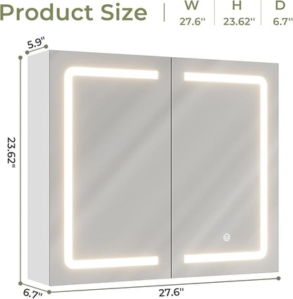 DICTAC Bathroom Medicine Cabinet with Mirrors and Led Lights 27.6x23.62 inch Double Doors Wall Mounted Mirror Cabinet with Storage Organizer Lighted Medicine Cabinets with Adjustable Shelves,White