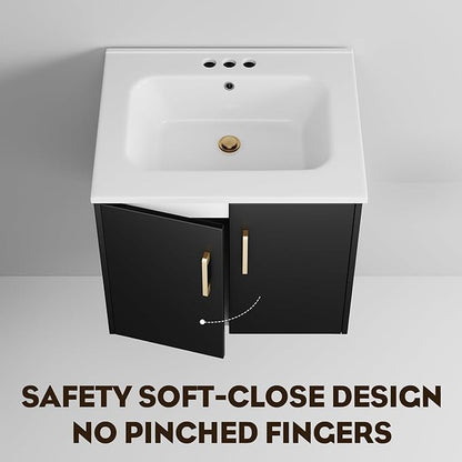 phiestina Pre-Assembled 24 Inch Black Floating Bathroom Vanity, Wall Mounted Cabinet with 2 Soft-Close Doors,3 Holes Ceramic Countertop Sink Combo,No Faucet,BV08-24-BLACK