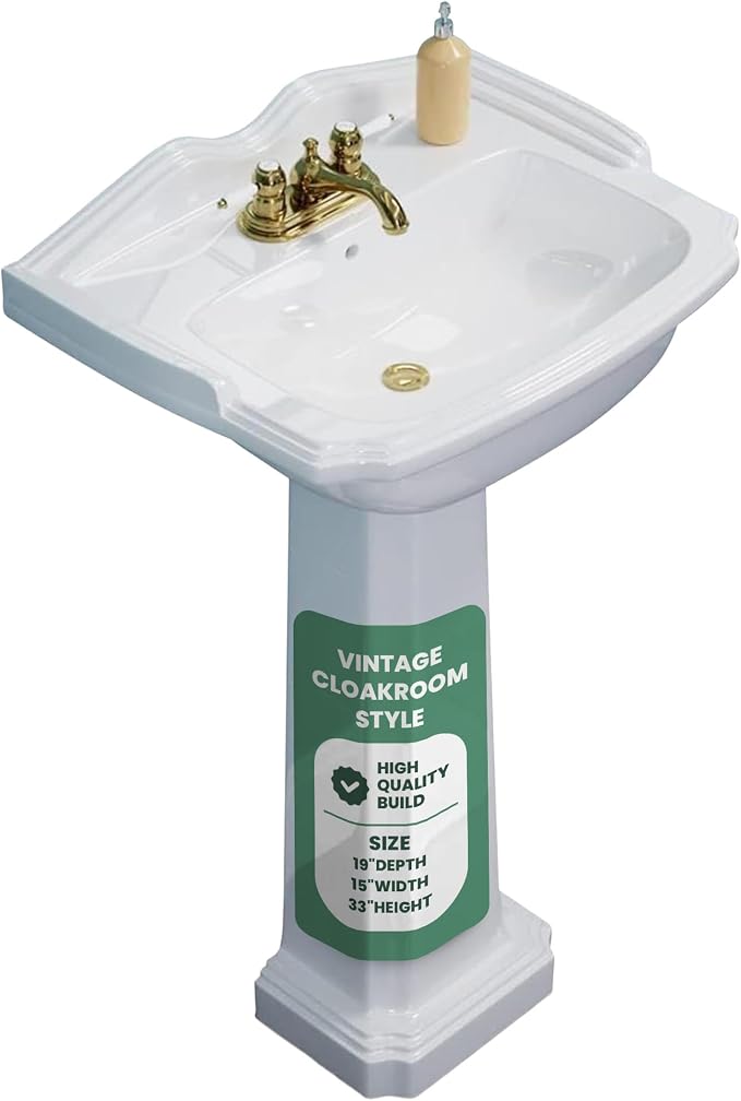 Renovators Supply Manufacturing Cloakroom Space Saving 19" W x 34" H x 15" Proj. Small Bathroom Pedestal Sink, Vitreous China, with Overflow, Compatible with 4 in. Centerset Faucets