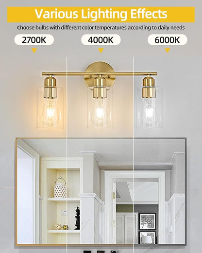 3-Light Bathroom Light Fixtures, Gold Bathroom Vanity Lights, Bathroom Lighting Fixtures Over Mirror with Clear Glass Shade, Wall Sconce Light for Bedroom, Living Room and Hallway