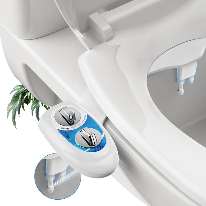 Hurran Ultra-Slim Bidet Attachment for Toilet, Retractable Dual Nozzles for Hygienic Posterior & Feminine Wash, Non-Electric with Adjustable Cold Water Pressure, Stainless Steel Inlet (Blue/White)