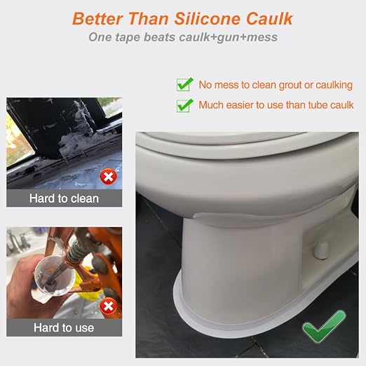 White Caulk Tape Waterproof Self Adhesive, Toilet & Bathtub Sealant Strip, Peel & Stick Caulking Tape for Floor Tile Corner Trim & Shower, Bathroom Accessories, Better Than Silicone Caulk