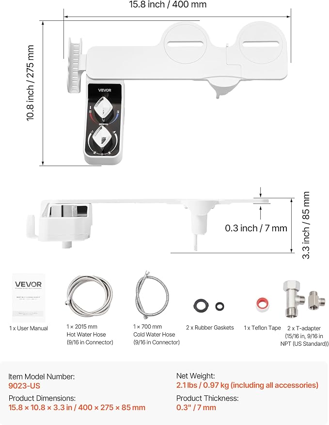 VEVOR Bidet Attachment for Toilet, Hot & Cold Non-Electric Water Sprayer - Dual Retractable Nozzles, Adjustable Water Pressure, 0.3’’ Ultra Thin Bidet Toilet Seat Attachment for Rear and Feminine Wash