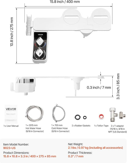 VEVOR Bidet Attachment for Toilet, Hot & Cold Non-Electric Water Sprayer - Dual Retractable Nozzles, Adjustable Water Pressure, 0.3’’ Ultra Thin Bidet Toilet Seat Attachment for Rear and Feminine Wash