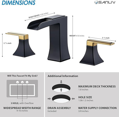 Two-Tone Black and Gold Bathroom Faucet, Sanliv 2-Handle Widespread Bathroom Faucet for 3-Hole Sinks 4-8 Inch, 3-Piece Waterfall Vanity Faucets with Pop-Up Drain, Black and Gold