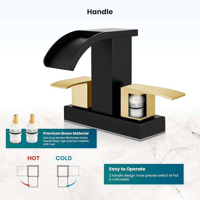 gotonovo Waterfall 4 Inch Centerset Bathroom Sink Faucet 2 Handle Basin Faucets 2 or 3 Hole Deck Mount with Pop Up Drain Included Lavatory Modern Mixer Tap Vanity Faucet Matte Black & Brushed Gold
