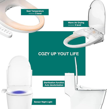 Aquatiz Elongated Smart Toilet Seat, Electronic Heated Toilet Seat, Self-Cleaning Nozzle, Temperature Controlled Wash, Air Dryer, Deodorizer, LED Light, Multi-mode Wash, (Panel Control)