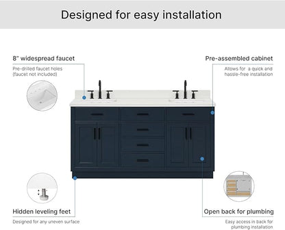 ARIEL Hepburn 66-inch Bathroom Vanity with Sink,Solid Wood, 1.5-inch Pure White Quartz Countertop, Double Rectangular Porcelain Sink, 4 Soft Closing Doors, 6 Dovetail Drawers, Midnight Blue