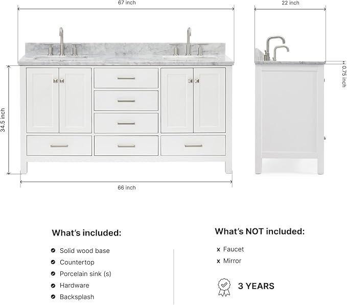ARIEL Cambridge 66-inch Bathroom Vanity with Sink,Solid Wood, 0.75-inch Italian Carrara Marble Countertop, Double Rectangular Porcelain Sink, 4 Soft Closing Doors, 6 Dovetail Drawers, White