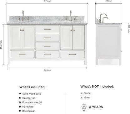 ARIEL Cambridge 66-inch Bathroom Vanity with Sink,Solid Wood, 0.75-inch Italian Carrara Marble Countertop, Double Rectangular Porcelain Sink, 4 Soft Closing Doors, 6 Dovetail Drawers, White