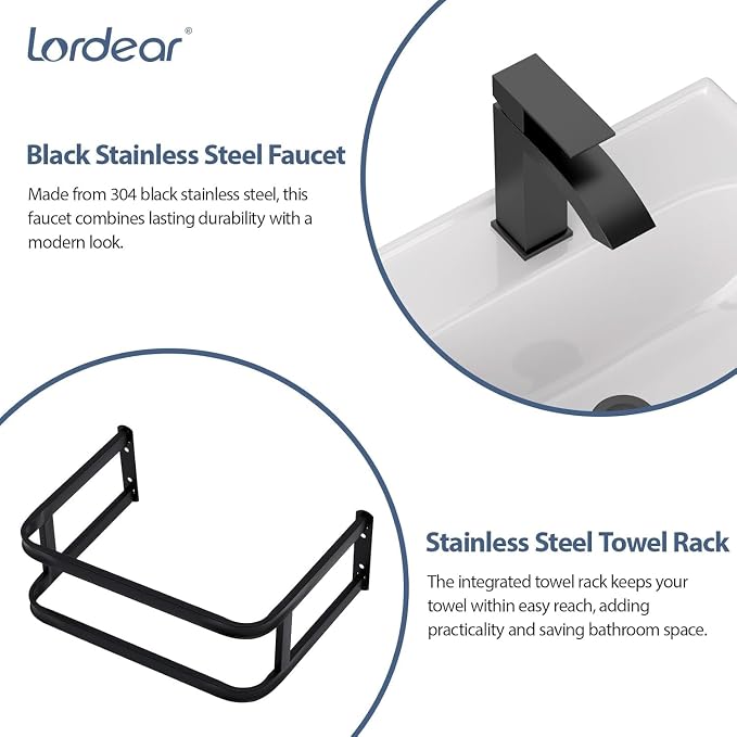Lordear Wall Mounted Vessel Sink 16x11 Inch, U-Shape White Porcelain Bathroom Sink with Black Faucet and Support Pedestal Legs, Wall Hung Vanity Sink with Towel Rack for Small Bathrooms