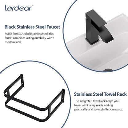 Lordear Wall Mounted Vessel Sink 16x11 Inch, U-Shape White Porcelain Bathroom Sink with Black Faucet and Support Pedestal Legs, Wall Hung Vanity Sink with Towel Rack for Small Bathrooms