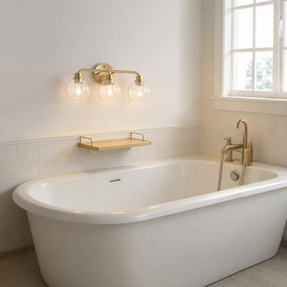 Bathroom Light Fixtures Gold Vanity Light 3 Light Brushed Brass | Wall Sconces Lighting with Clear Globe Glass Shades Bath Wall Lamp for Mirror Kitchen Living Room Bedroom Hallway
