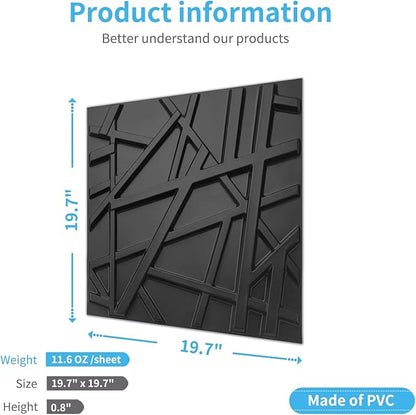 Art3d 19.7" x 19.7" (Pack of 12) Wall Panel Stripes, Black
