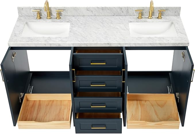 Emilia 66" Midnight Blue Double Bathroom Vanity with Sink, 1.5" Edge Italian Carrara Marble Countertop, Rectangular Sinks, 4 Soft Close Doors, 6 Dovetail Drawers