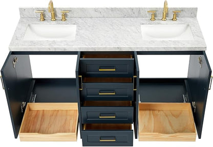 Emilia 66" Midnight Blue Double Bathroom Vanity with Sink, 1.5" Edge Italian Carrara Marble Countertop, Rectangular Sinks, 4 Soft Close Doors, 6 Dovetail Drawers