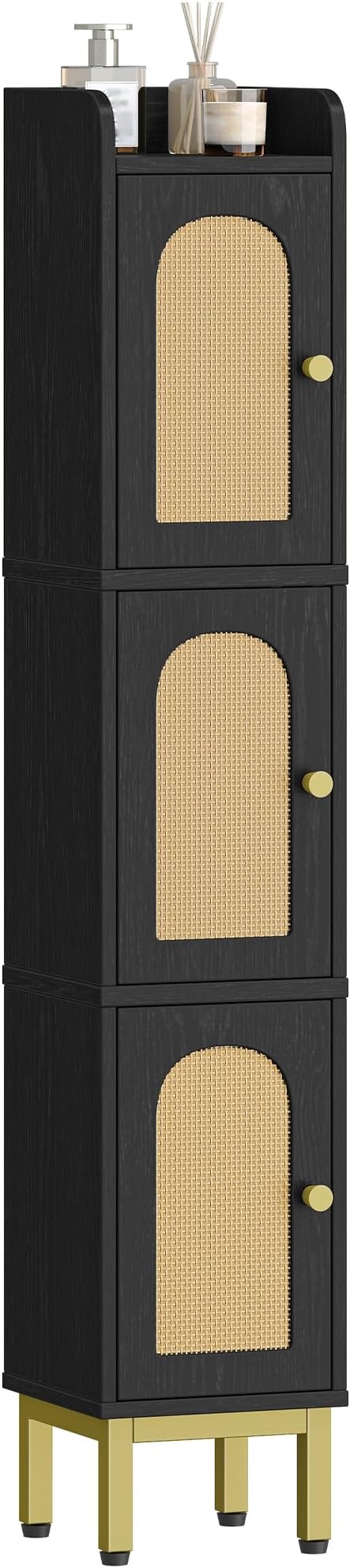 Hzuaneri Slim Bathroom Storage Cabinet, Narrow Bathroom Organizers,3 Doors | Narrow Storage Cabinet with 4 Adjustable Feet, Laundry Room Organization for Small Space, Kitchen,Living Room,Rattan Black