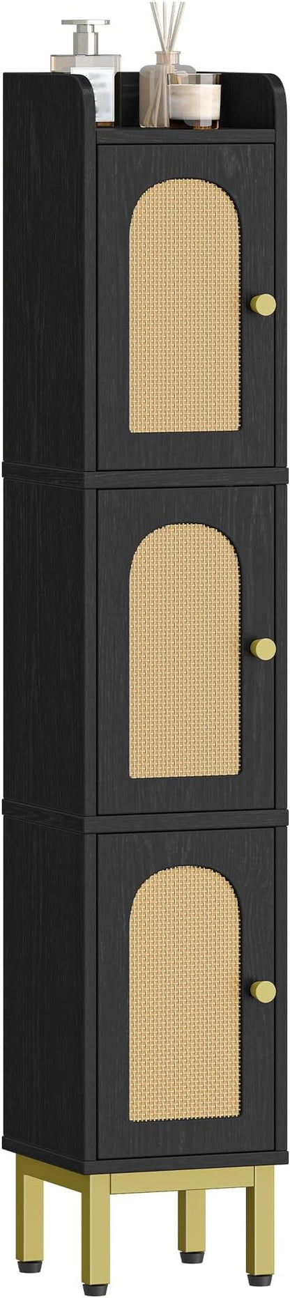Hzuaneri Slim Bathroom Storage Cabinet, Narrow Bathroom Organizers,3 Doors | Narrow Storage Cabinet with 4 Adjustable Feet, Laundry Room Organization for Small Space, Kitchen,Living Room,Rattan Black
