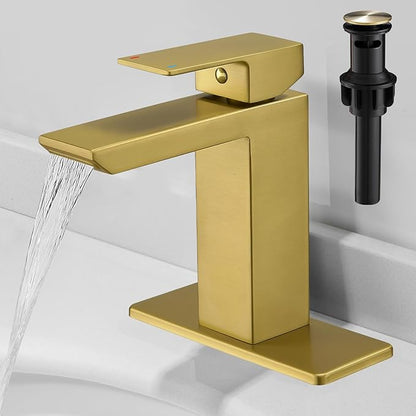 RUMOSE Brushed Gold Bathroom Faucets Set with Pop Up Drain Single Handle Bathroom Sink Faucet 1 & 3 Hole Waterfall Spout Vanity Faucet Kit with Deck Plate RV Lavatory Basin Faucet, Stainless Steel